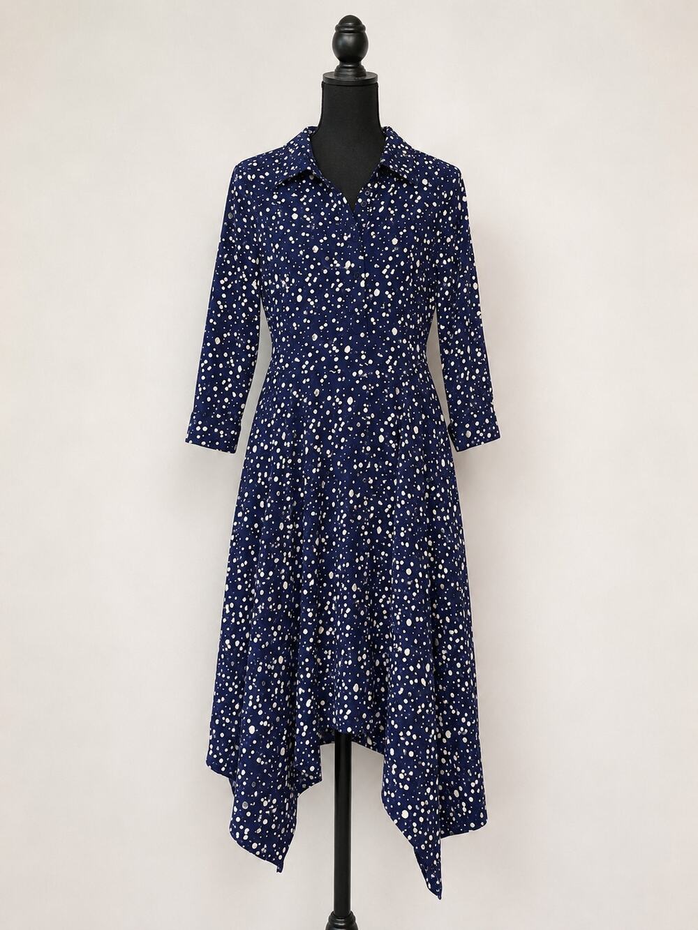 Eliza J Navy & White Splatter Print Handkerchief Hem Dress Size 6